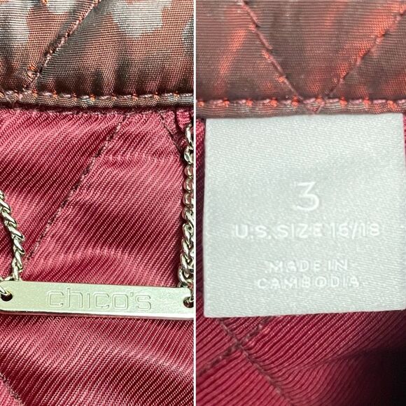 Chico’s Long Quilted Animal-Print Midi Coat Shimmer Burgundy Size 3 | XL 16-18 - Picture 14 of 16